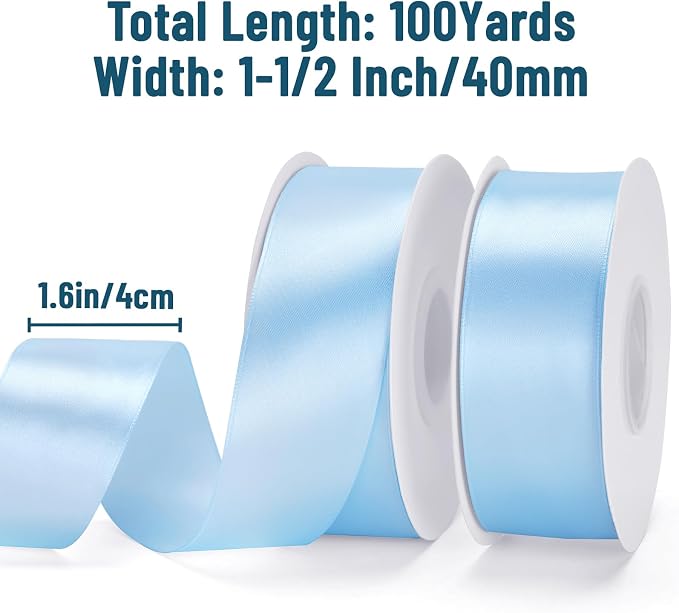 KINGLAKE Light Blue Satin Ribbon – 1-1/2 Inch x 2 Rolls Baby Blue Ribbon - Image 2