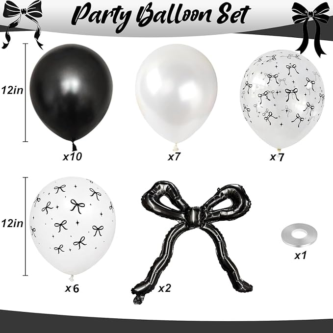 Black Bow Balloons, 12Inch Pearl Black and White Bow Print Balloon - Image 2