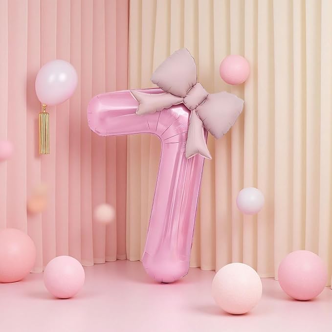 Bow Pink 7 Balloons, 40 Inch Giant Pink Bow Helium Foil Number 7 - Image 4