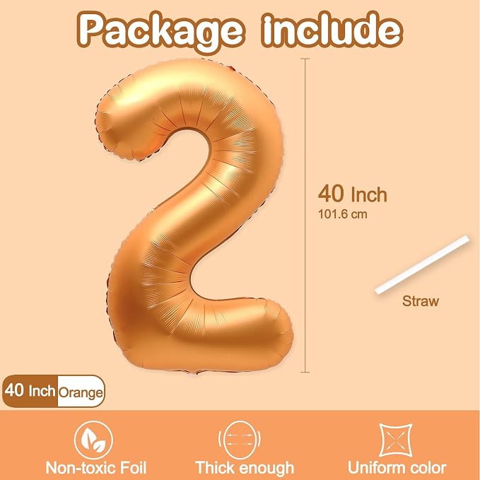 Number 2 Balloon, 40 Inch Orange Large Big Foil Number Balloons - Image 2