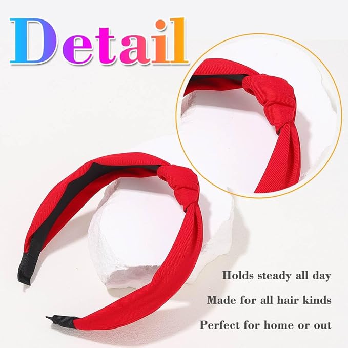 Wide Knotted Headbands, Non-Slip Hair Accessories for Women, 4-Pack (Black Red Hot Pink Blush)