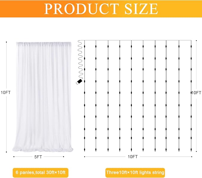 Tulle Backdrop Curtains with Lights Sheer White Curtain Backdrop 30x10ft | - Image 2