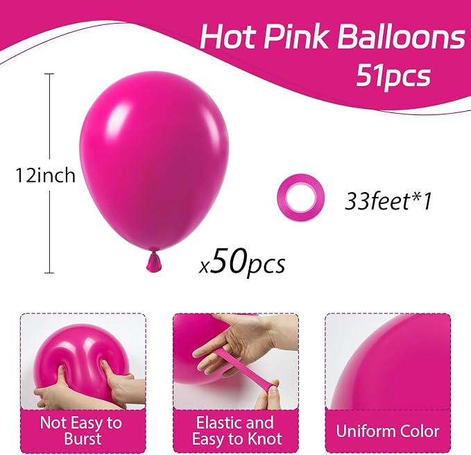 Hot Pink Balloons 12 inch, Hot Pink Latex 50pcs Party Balloons | Wedding - Image 2