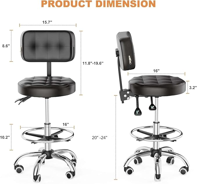 YJHome Rolling Stool, Rolling Stools with Wheels Foot Rest, Backrest Adjustable Height, Heavy Duty 400lbs Weight Capacity, Salon Spa Tattoo Massage Office Swivel Stool Chair (Black)