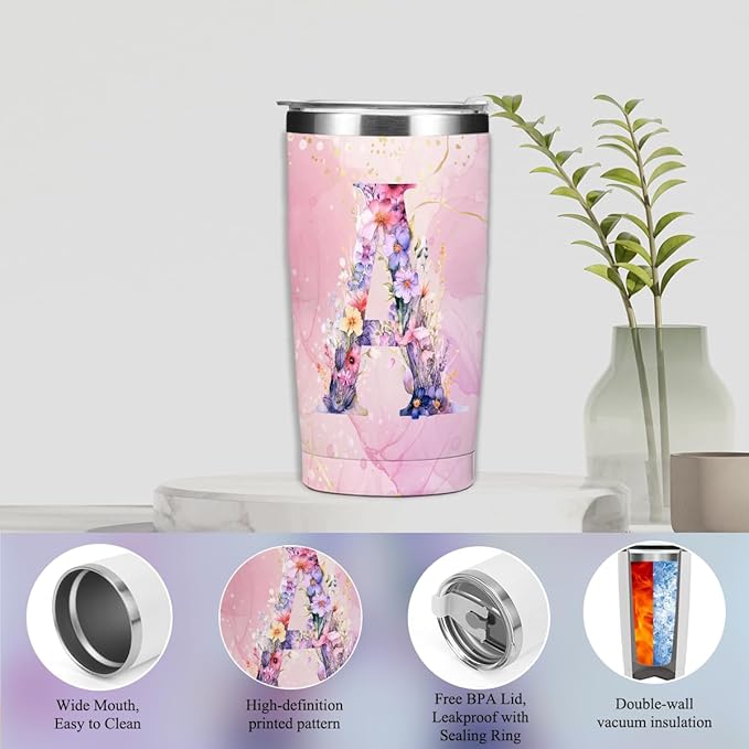 Personalized Gifts Monogrammed Birthday Gifts for Women, Bridesmaid Bachelorette Party Wedding Christmas Initial 20 oz Tumbler, Makeup Bag Pens Journal Notebook 6 Set, (Aesthetic Pink Flower A)