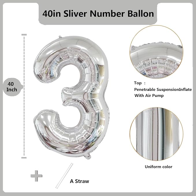 40 inch Silver Number Balloon Giant Foil Helium Balloons Silver Number 3 Balloon - Image 2