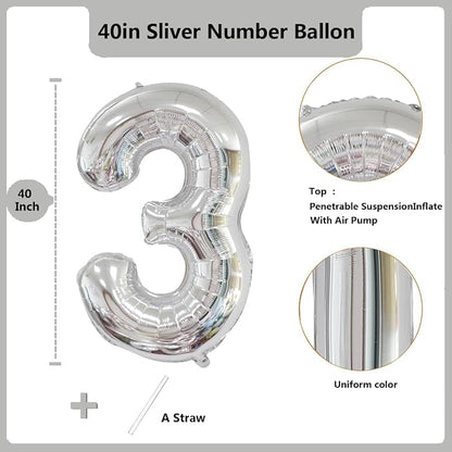 40 inch Silver Number Balloon Giant Foil Helium Balloons Silver Number 3 Balloon - Image 2