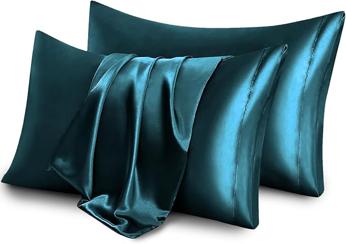 Aormenzy Satin Pillow Cases for Women King Size Set of 2, Dark Teal Satin Pillowcase for Hair with Envelope Closure Silky Pillow Covers Wrinkle, Fade Resistant (20x40 Inches)
