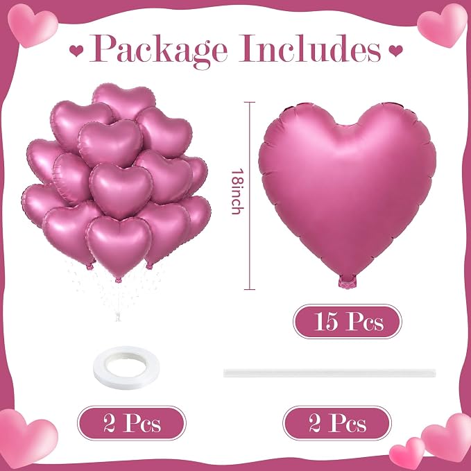TONIFUL 15 Pack 18 Inch Matte Pink Heart Foil Balloons – Pink Mylar Heart - Image 2