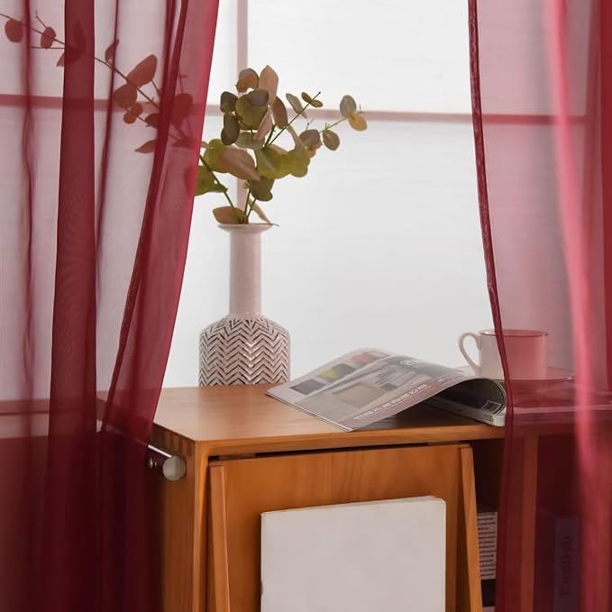 SpaceDresser Burgundy Sheer Curtains 4 Panels Rod Pocket Semi-Sheer Curtain 63 - Image 4