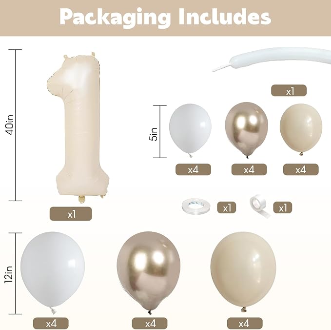 40 Inch Cream Number 1 Balloon for 1st Birthday Decorations Beige White Sand - Image 2