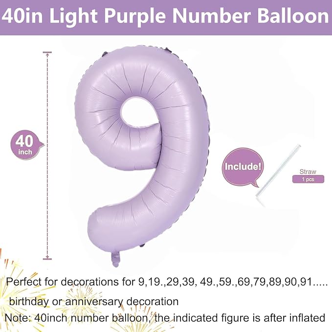 40 Inch Purple Number Balloons Light Purple 9 Balloon Matte purple Birthday - Image 2