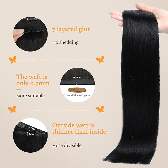 DOORES Clip in Hair Extensions Invisible Edge, Jet Black 150g 7pcs 22 Inch Clip in Virgin Hair Extensions Thick Weft for Women