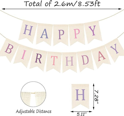 Doumeny Happy Birthday Burlap Banner Boho Birthday Garland Bunting Purple Pink - Image 2