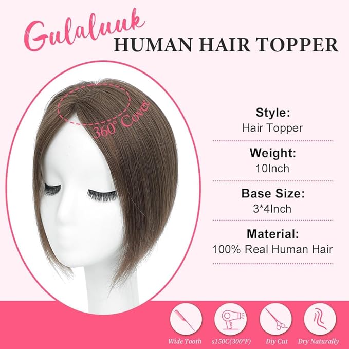 Hair Toppers for Women Real Human Hair Topper for Women with No Bangs Hairpieces Comfortable and Breathable 10 Inch Swiss Base 3D 360°Cover (Medium Auburn Brown, 10 Inch-3D-Side)