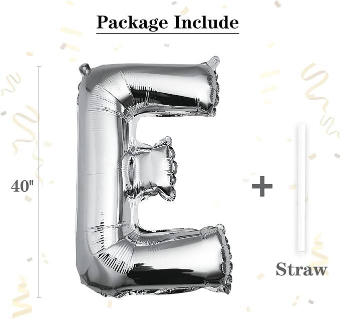 40 inch Silver Letter E Balloon, Big Size Alphabet Foil Mylar Helium Balloons - Image 2