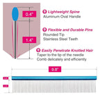 Greyhound Comb with Oval Handle for Dogs and Cats, Removing and Shedding Matted, Tangled Hair, Metal Comb with Stainless Steel Pins, Detangling Grooming Tool (9.8" Blue-20% fine pins)