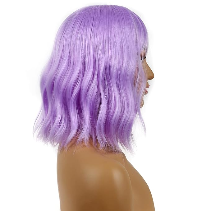 Short Bob Wigs with Bangs for Women Loose Wavy Wig Curly Wavy Shoulder Length Bob Synthetic Cosplay Wig for Girl Colorful Costume Wigs (Purple)
