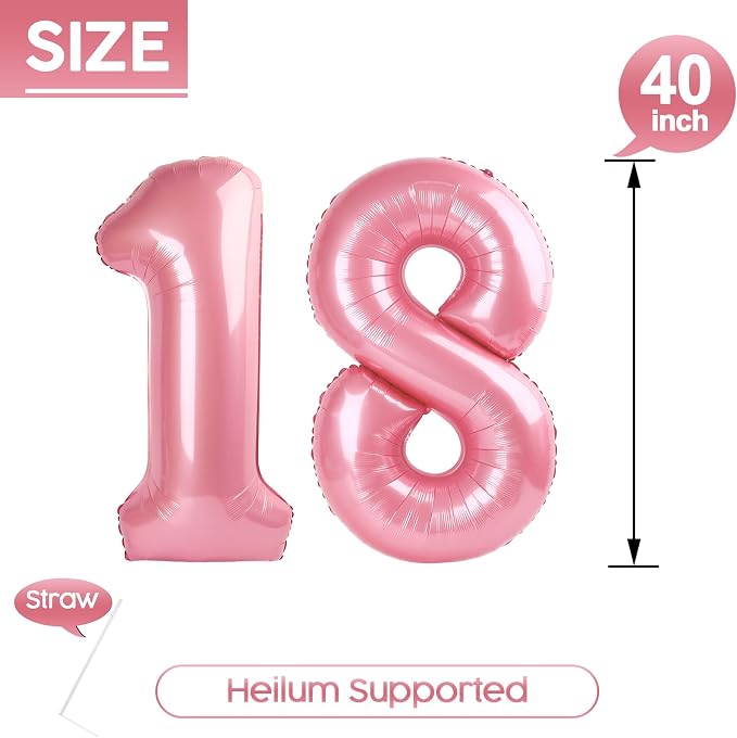 18 Balloon - Pastel Pink Birthday Number Balloons, 40 Inch Decorations | Pastel - Image 5