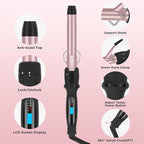 Curling Iron with Clamp PARWIN PRO BEAUTY 7 in 1 Curling Wand Set 0.5 to 1.5 Inch Interchangeable Barrels Adjustable Temp. Negative Ionic, Travel Dual Voltage 60mins Auto Shut Off, Rose Pink