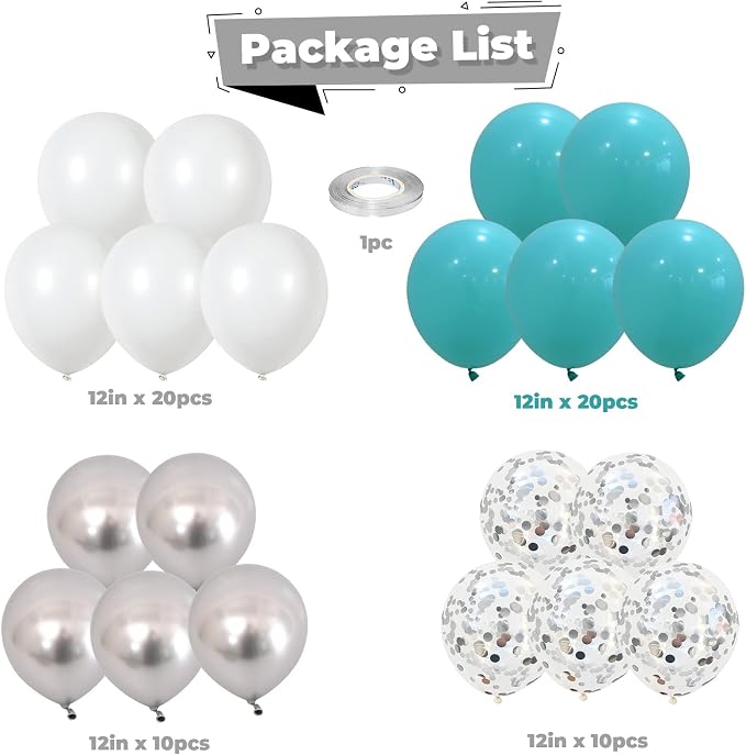 Balloons Teal Blue White Silver 12inch Mettalic Chrome Silver Confetti Balloon - Image 2