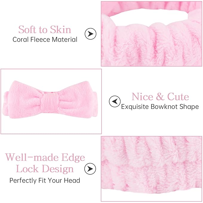Casoty Pink 6 Pcs Spa Headband, Hair Band for Washing Face, Makeup Headband, Skincare Headbands, Soft Fleece Hairband for Face Washing Yoga