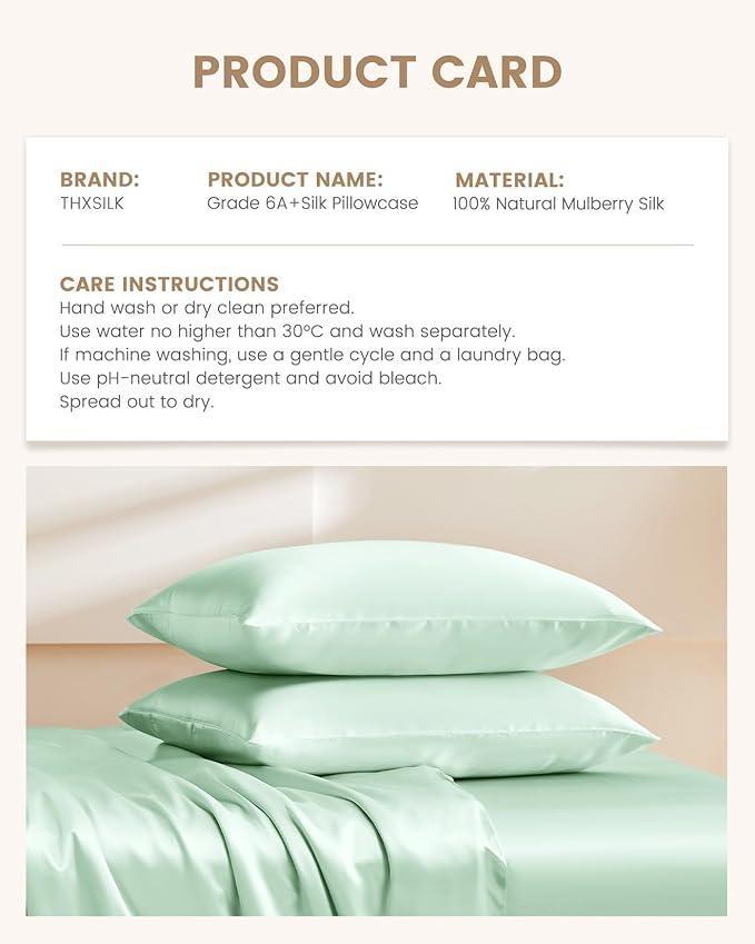 THXSILK Mulberry Silk Pillowcase for Hair and Skin, 100% Mulberry Silk Bed Pillowcase, Hypoallergenic Soft Breathable Silk Pillow Case with Hidden Zipper, King Pillow Case 20"x36", Turquoise Green
