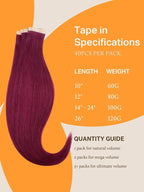 DOORES Real Human Hair Extensions, Burgundy 10 Inch 60g 40pcs, Tape In, Straight, Remy Natural Hair Skin Weft