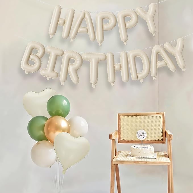 Happy Birthday Balloon Banner Cream Green, 16 Inch Beige Mylar Letters Heart - Image 7
