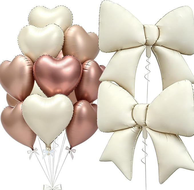 Vuzvuv Creamy Heart Balloons White Bow Balloons Set, Anniversary, Valentine's by Vuzvuv