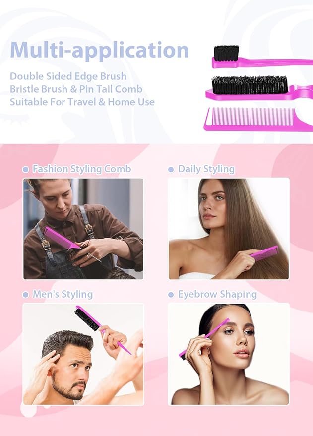 Hair Grooming Kit: Wax Stick for Flyaways, Slick Back Brush, Rat Tail Comb, Bristle Brush Set - Tames Frizz & Controls Baby Hair