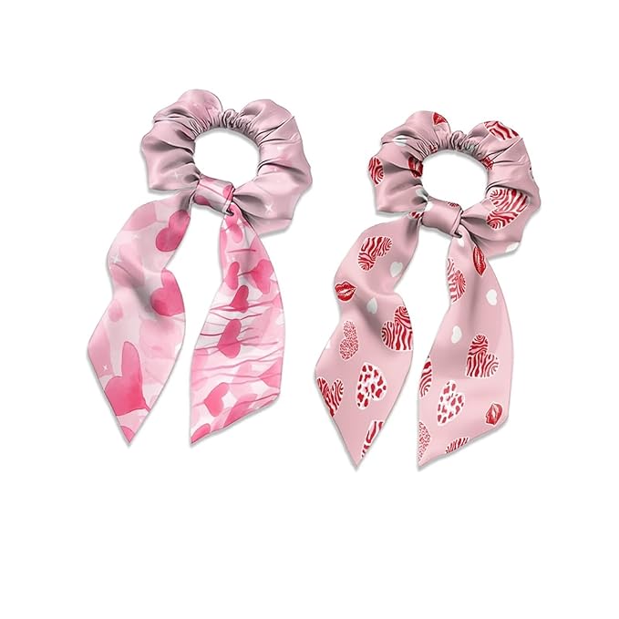 2 Piece Heart Print Ribbon Bow Elastic Hair Ties for Women Trendy Knotted Bow Valentine's Day Hair Scrunchies Soft Scarf Scrunchy with Flowing Tails