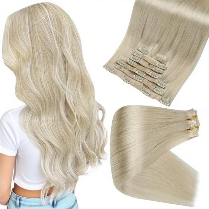 Full Shine Platinum Blonde Human Hair Clip in Extensions Platinum Blonde Clip in Hair Extensions Invisible Seamless Clip ins for Women 18 Inch 8 PCS 120 Grams