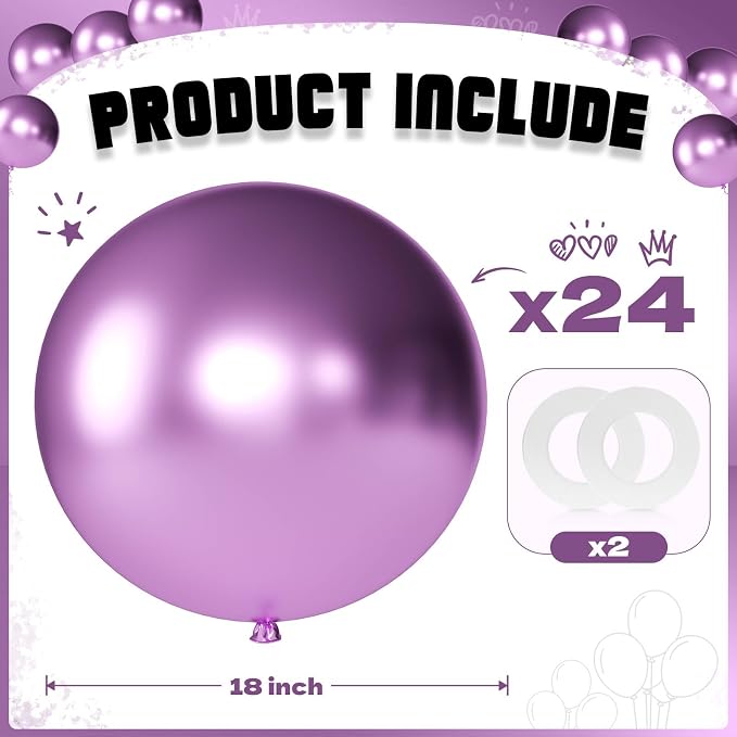 Metallic Purple Balloons 18 Inch 24 Pack Matte Helium Latex Round Balloons - Image 2