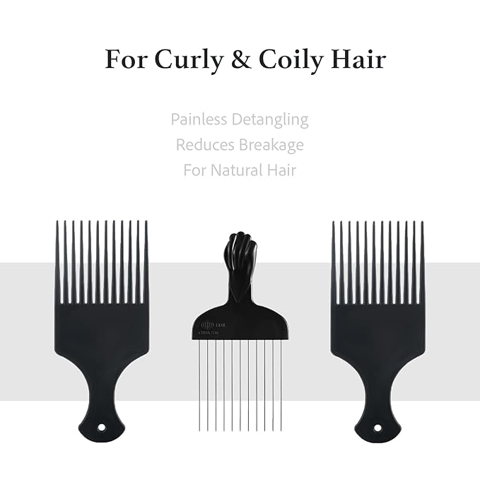 3 Pack Plastic & Metal Hair Pick Comb Set for Curly & Afro Hair – Detangling & Styling for Men & Women – Includes 2 Plastic Picks and 1 Stainless Steel Metal Pick