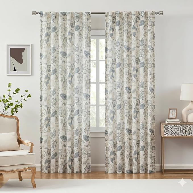 Kayne Studio Blue Grey Jacobean Floral Rod Pocket Semi Sheer Curtains 84" L | - Image 2
