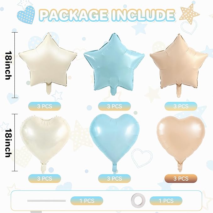 TONIFUL 18 Inch Cream Blue Star and Heart Foil Balloons - Image 2