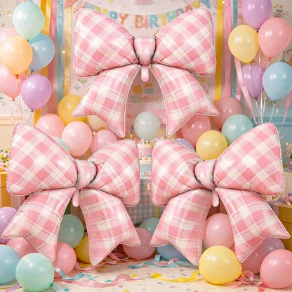 Pink Plaid Bow Balloons, 38 Inch Pink Giant Gingham Checkered Bowknot Foil - Image 2