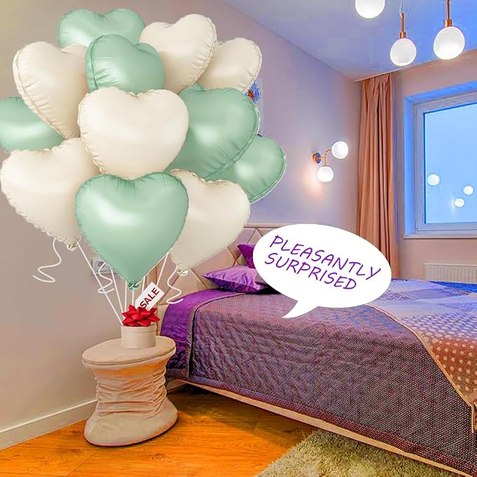 Baby White Heart Balloons，18 Inch Light Green Helium Foil Love Heart Shaped - Image 4