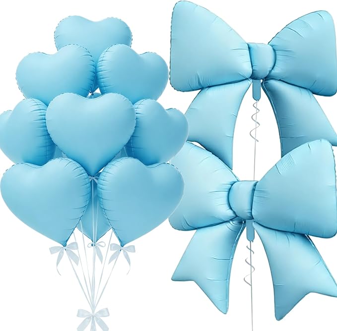 Vuzvuv Blue Heart Balloons Blue Bow Balloons Set, anniversary, Valentine's Day by Vuzvuv
