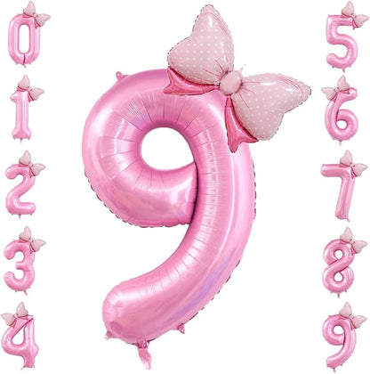 40 inch Number 9 Balloon with Bow Pink Happy Birthday Jumbo Number Balloon by OIBUTUR