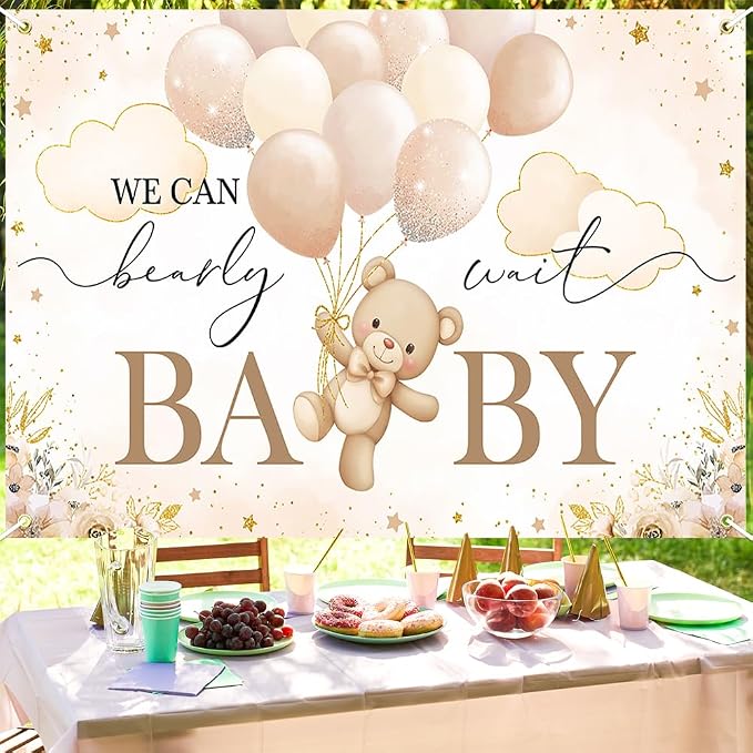 Mocsicka We Can Bearly Wait Backdrop Bear Baby Shower Banner Girl Bear Baby - Image 5