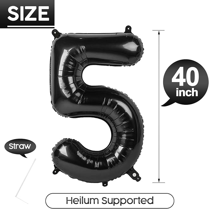5 Balloon - Black Birthday Number Balloons, 40 Inch Decorations Men Women | - Image 5