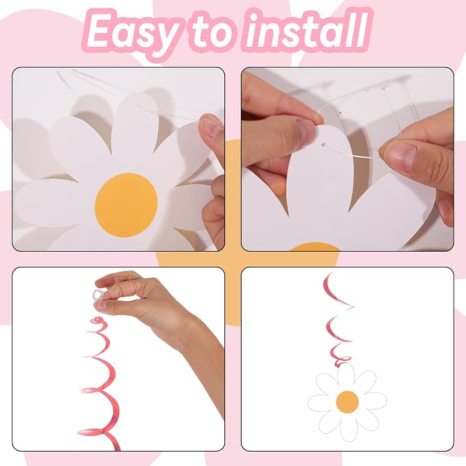 60pcs Pink Daisy Flower Hanging Swirls Pink Daisy Foil Swirls Ceiling Hanging - Image 4