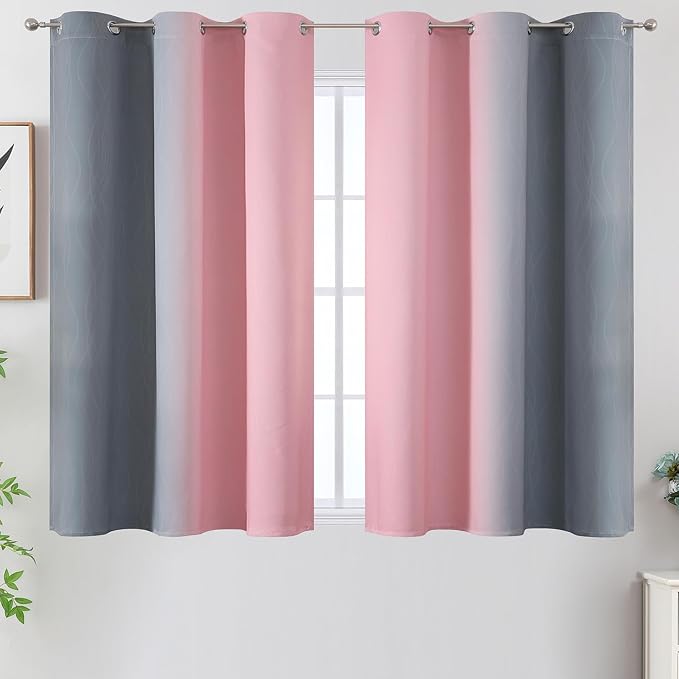 Pink and Grey Blackout Curtains 45 inches Long, Ombre Full Room Darkening - Image 2