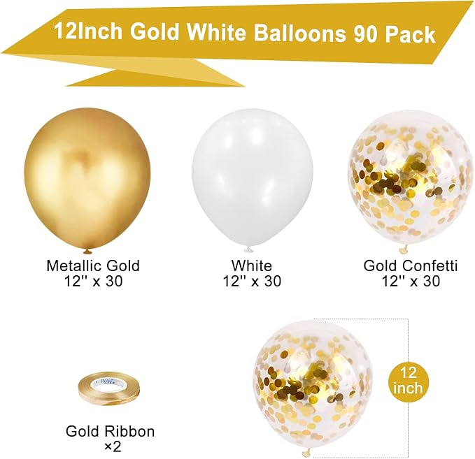 90Pcs White and Gold Balloons Set, 12Inch Gold Balloons | Gold and White - Image 2