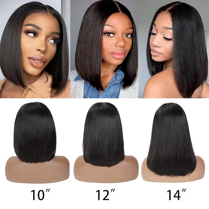 Wear and Go Glueless Bob Wig, 16 Inch, 180% Density, Human Hair, Natural Black, No Shedding, No Tangle, Adjustable Elastic Cap