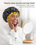 mikimini Black Shower Caps for Women Men & Girls 2 Packs, Reusable, Double Layers Waterproof Bathing Shower Hat with Soft Comfortable PEVA Lining, non-fading, Stretchy Shower Cap