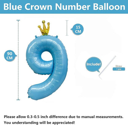 Blue Number 9 Balloon with Crown, 40 inch Blue Number Balloon 9th Birthday - Image 2