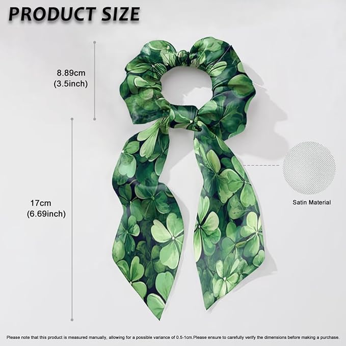 Four Leaf Ladybug Satin Hair Ties for Curly Hair 2 Piece Fashion Bow Scrunchies with Ribbon for St Patricks Day Long Ribbon Hair Ties Knotted Bow